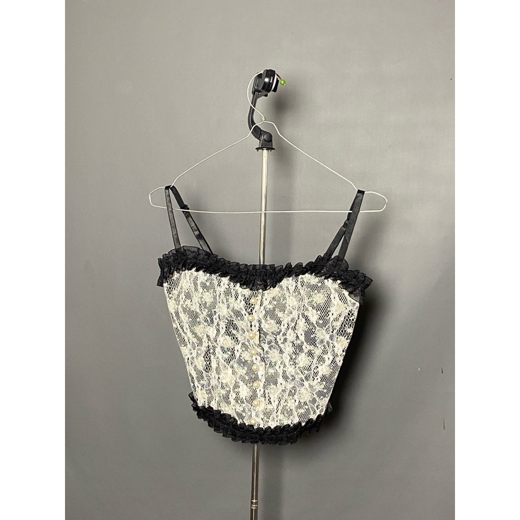PL Tank Top Korean Lace Pearl Floral Hitam