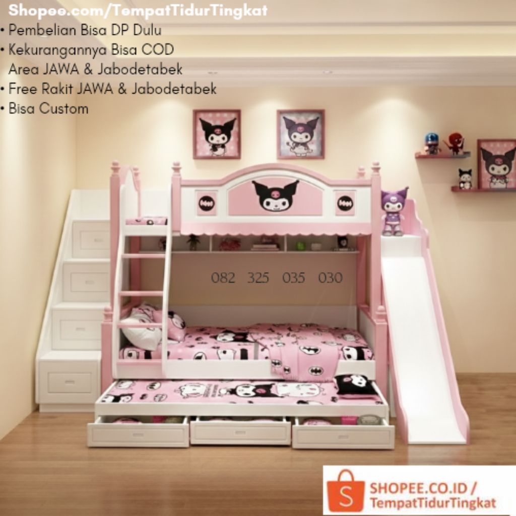 Tempat Tidur Kuromi 2 Tingkat Anak Perempuan Ada Perosotan