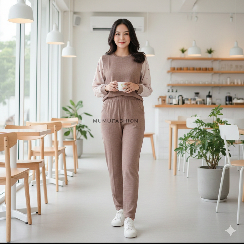 TKG - MIRELA ONE SET Setelan Celana Wanita Terbaru Kaos Lycra Knite Lengan Bunga Shakila by Fashion 