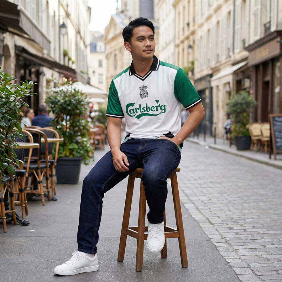 Polo Jersey Retro Fantasy Supporter Version Casual Pria Hijau Putih Liverpool