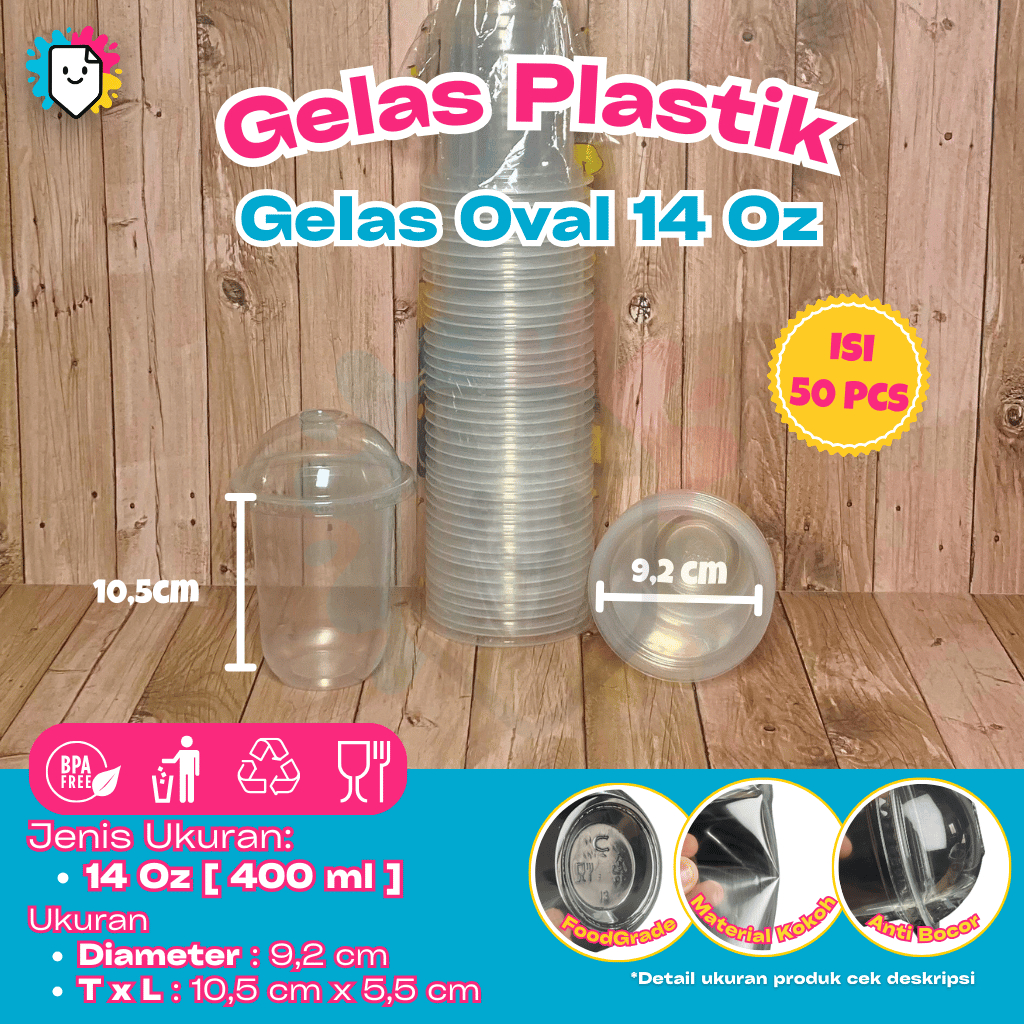 [Isi 50 PCS] Gelas Plastik Oval Dan Tutup Gelas 14oz 400 ml Gelas Plastik Cup / Gelas Plastik Bening
