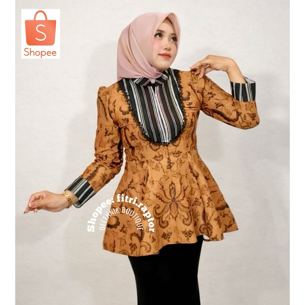 Blus batik wanita model peplum warna sogan laseman mix lurik prasojo design by deethnik batik