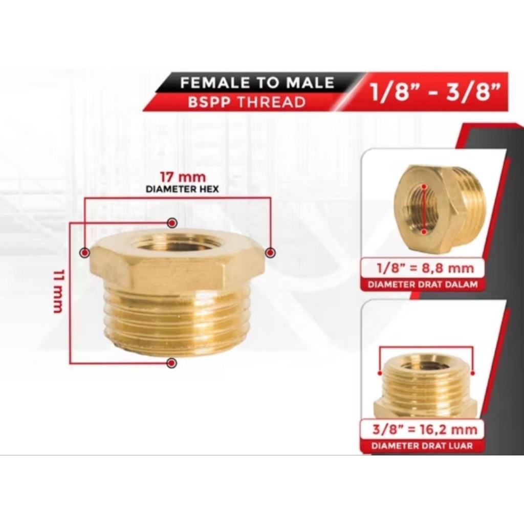 verlop ring drat luar 3/8 (16mm) x drat dalam 1/8 (9mm) kuningan