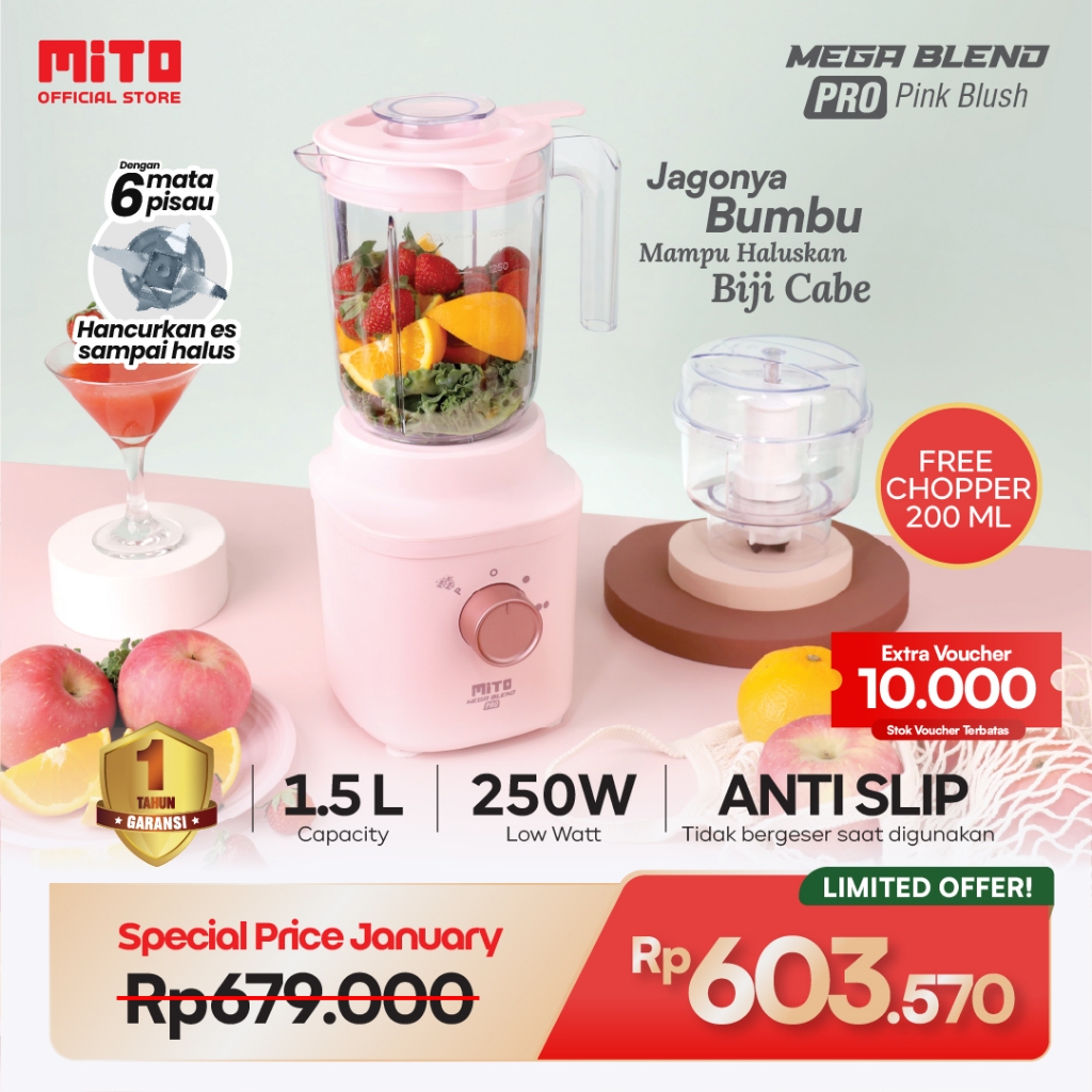 MITO MEGA BLEND PRO BLENDER BL300 - 1,5 Liter - 2in1 Blender + Chopper - 2 Tingkat Kecepatan - 6 Mat