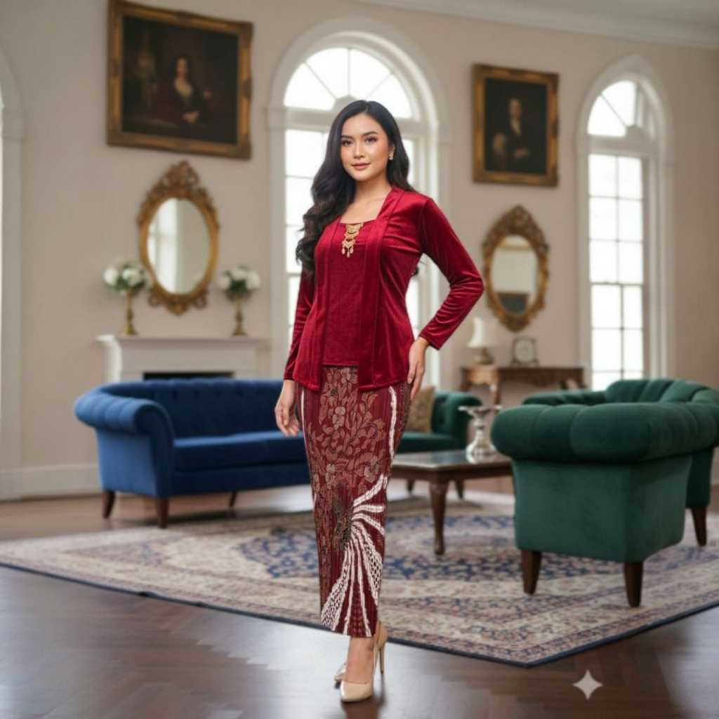 Set Kebaya Kutubaru Bludru Rok Plisket Kutubaru Bludru Modern Kebaya Kutubaru Kartini