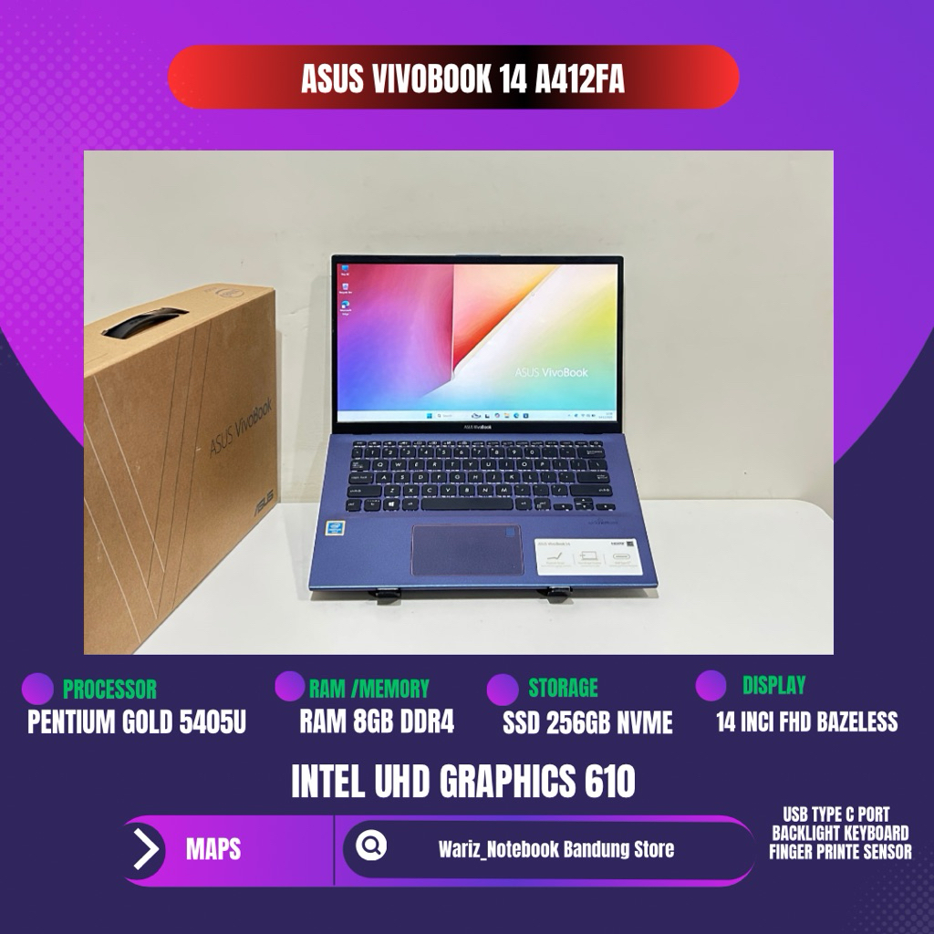 ASUS VIVOBOOK 14 A412FA INGEL PENTIUM GOLF 5405 RAM 8GB SSD 256GB 14inci FHD FULLSET