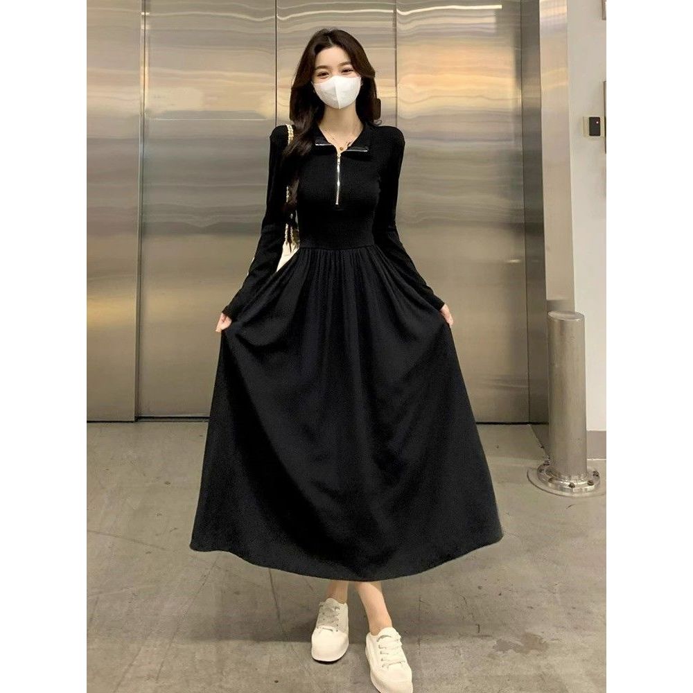 Dress Wanita Lengan Panjang Black Korean Zipper Korean Dress