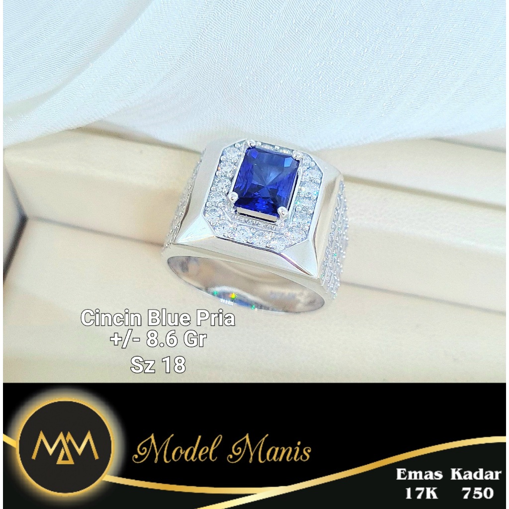 Model Manis Gold - Cincin Pria Royal Blue Putih - Emas 17k 750