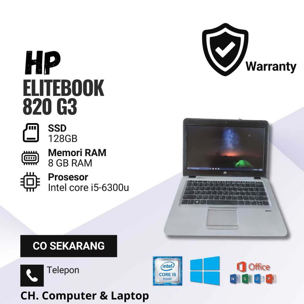 HP ELITEBOOK 820 G3, Core I5, Ram 8GB, SSD 128GB, Murah Bergaransi