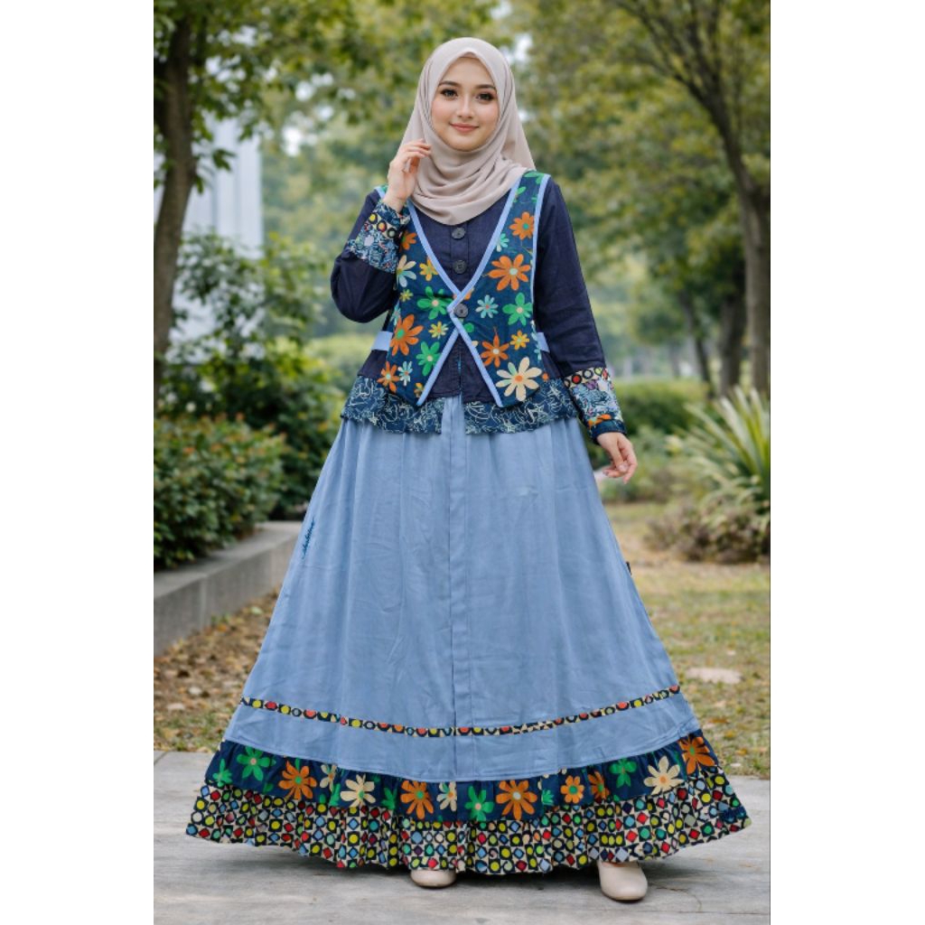 gamis shabrina denim bunga rompi