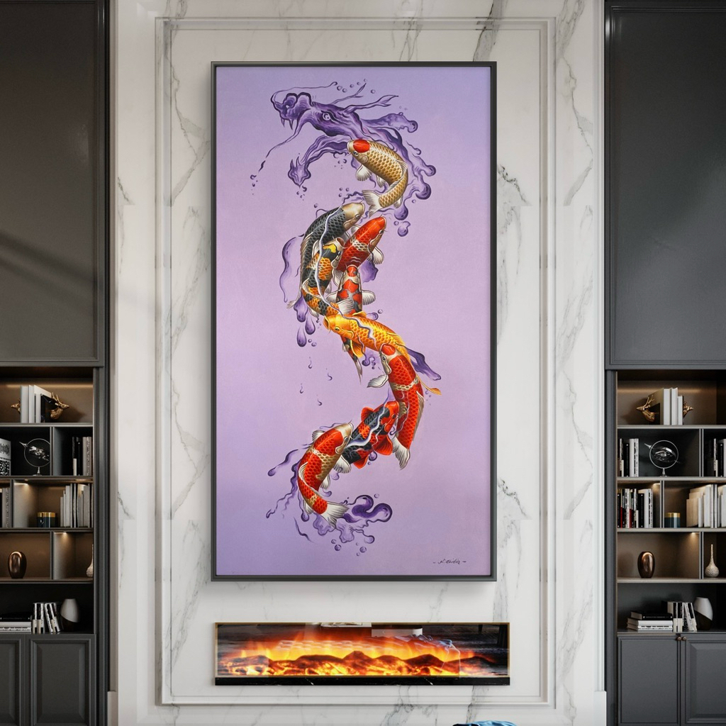 LUKISAN IKAN KOI NAGA HIASAN DINDING RUANG TAMU AESTHETIC