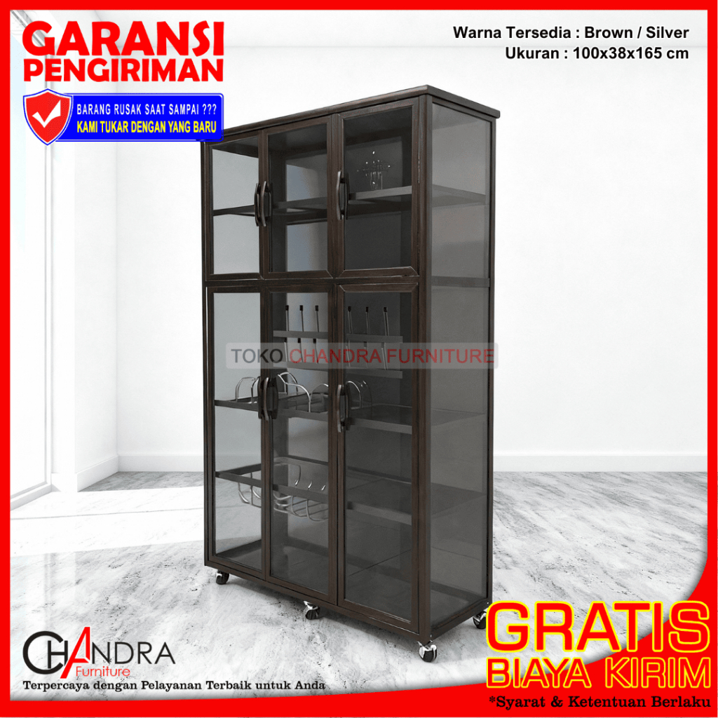 Lemari Rak Piring Aluminium 3 Pintu Brown + Roda Kaca Riben Anti Karat (SUPER) | LRPS100