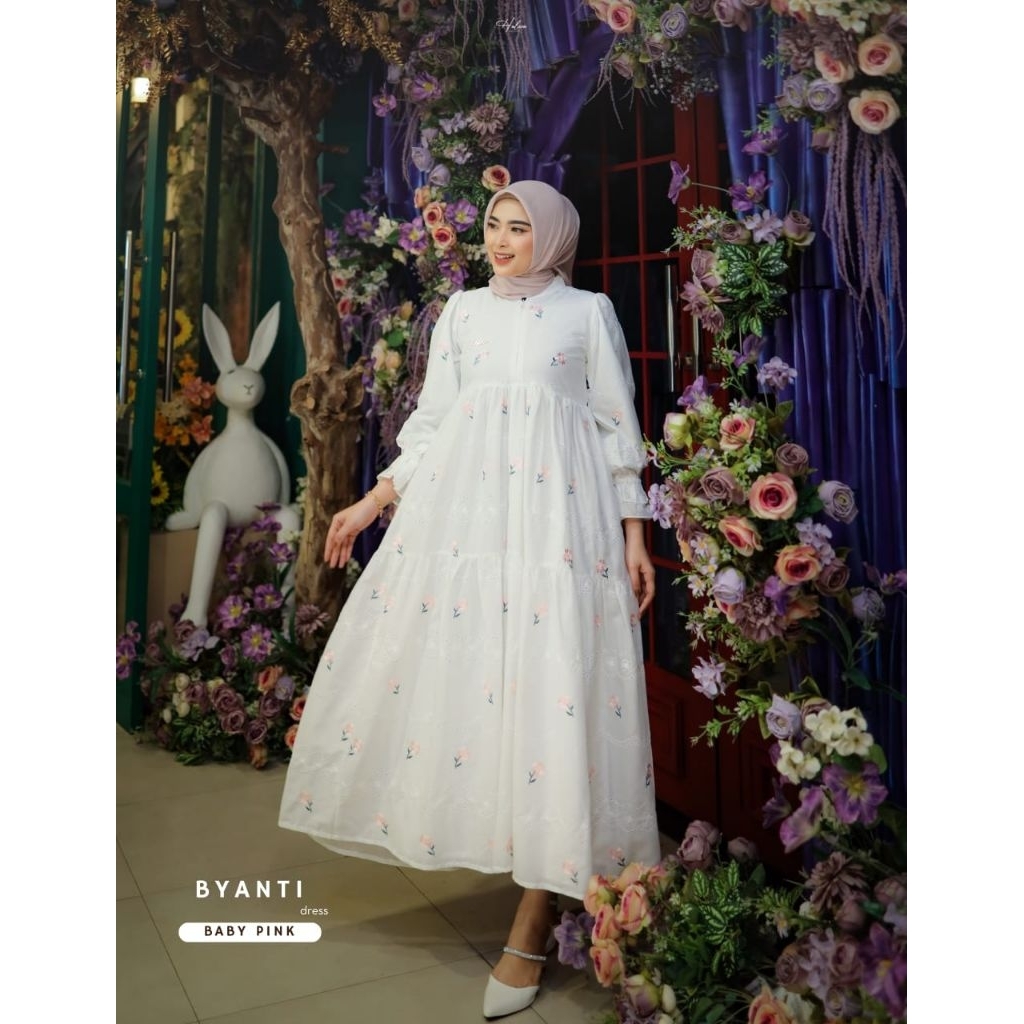 Biyanti dan Fleura set hijab Dress by halwa apparel gamis susun motif bunga bahan armany jaqguard si
