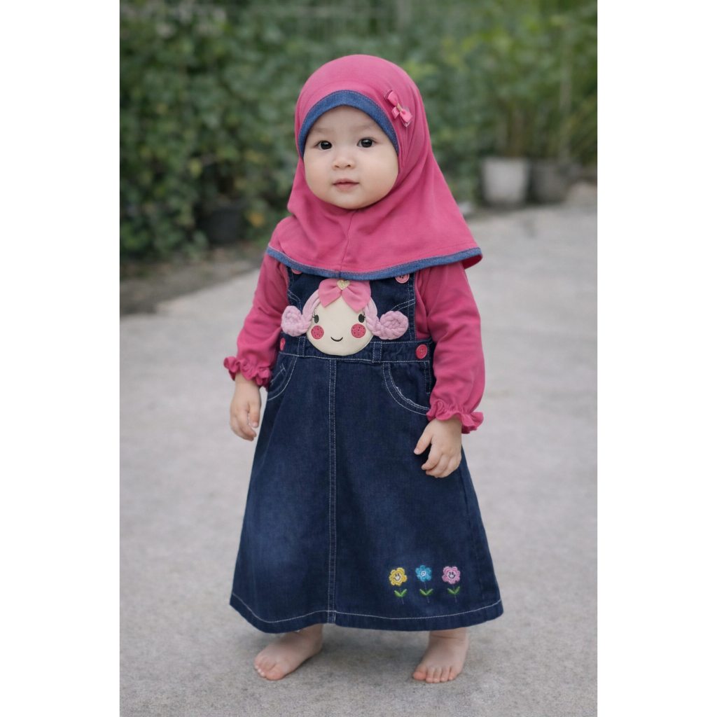 Gamis Anak 1-2 Tahun Lucu | Set Gamis Overall Jeans Kucing + Atasan Lengan Panjang Balita Goldenkids
