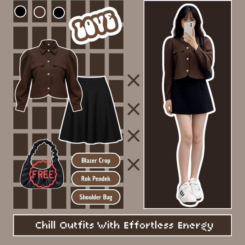 One Set Remaja Kekinian OOTD ( Blazer Crop Top + Midi Skirt ) Outfit Wanita Modern - 050