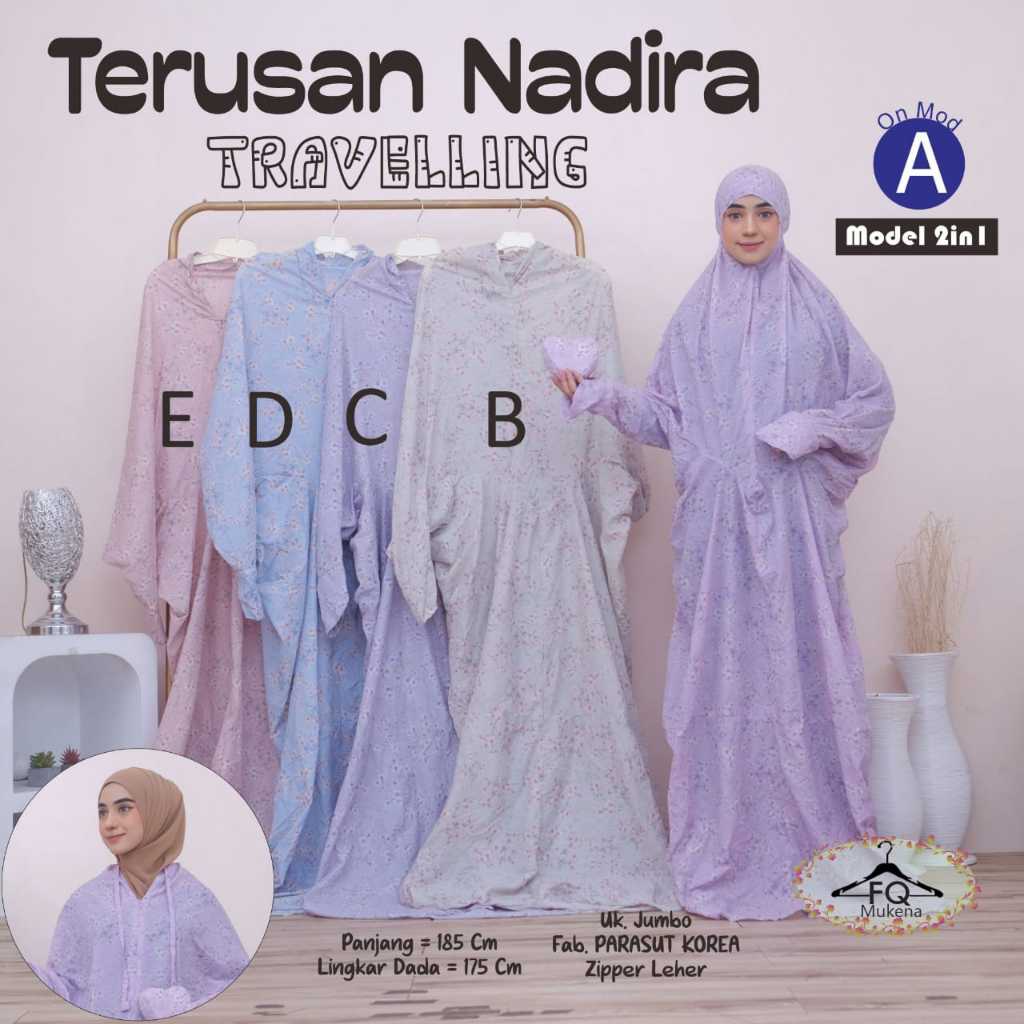 Mukena Terusan Nadira Travelling Original FQ Mukena Jumbo Model 2in1 Parasut Korea Premium Resleting
