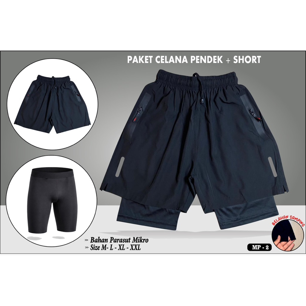 Paket celana pendek parasut dan short pants running lari pria wanita unisex saku resleting