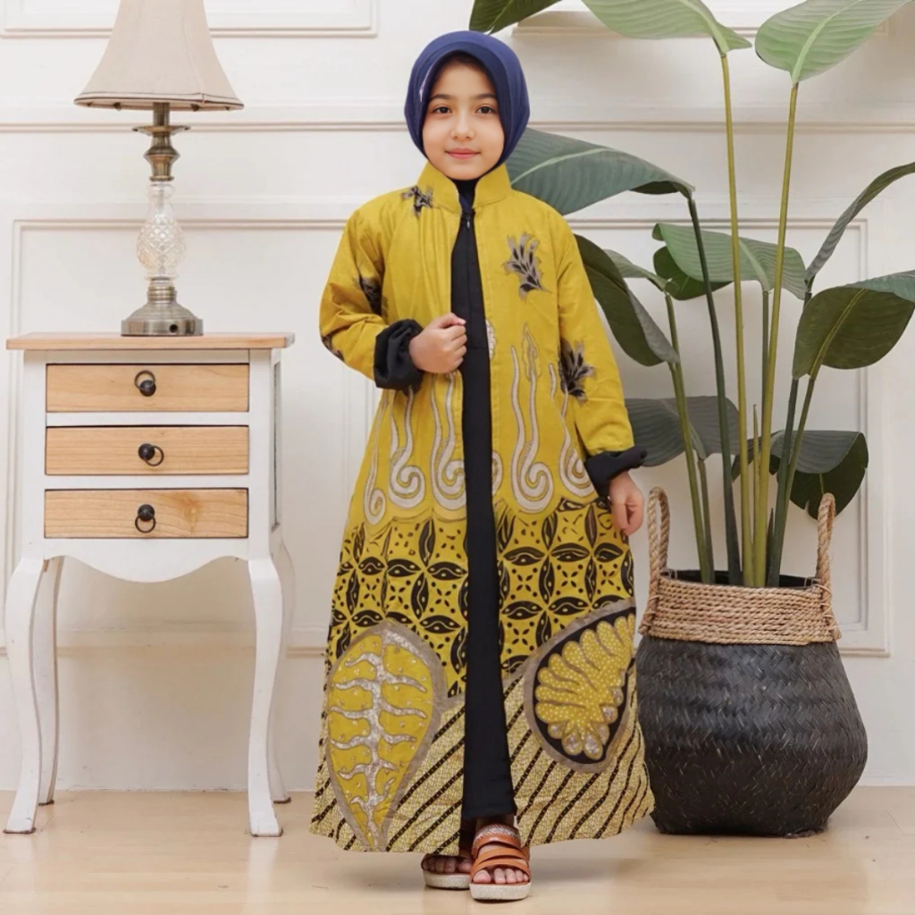 Gamis Batik Anak Kain Katun Kombinasi Polos Jet Black Umur 2 Sampai 13 Tahun Motif Melody Kuning Mer