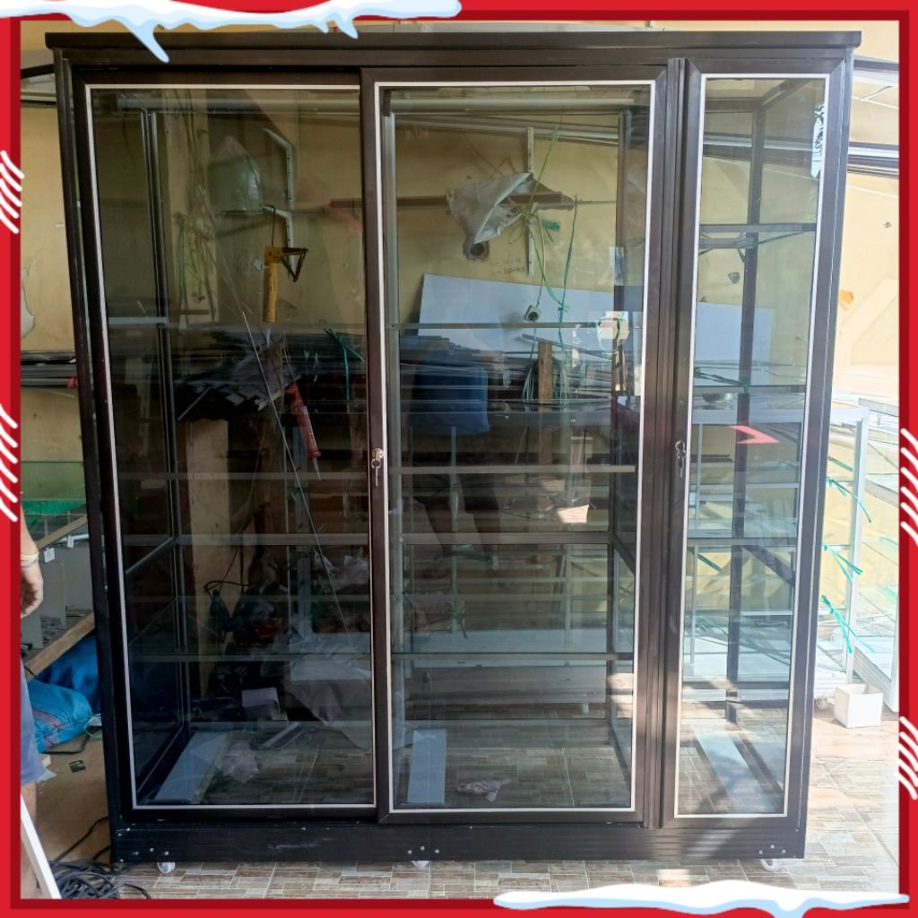 Lemari Baju Sliding Kaca Full Riben//2Pintu Sliding Full Gantung//1Pintu Buka'an Lipatan//Frame Cokl