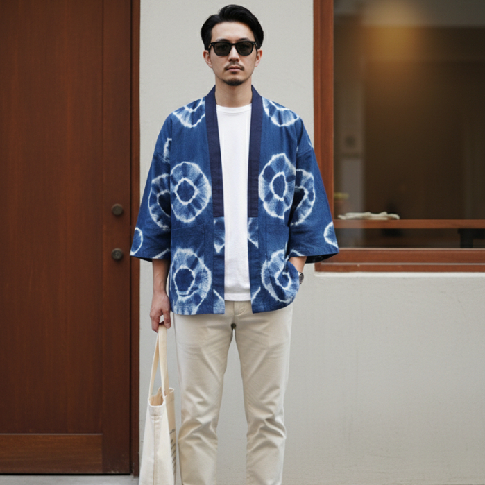 Kaja Shibori - Outer Kimono Pria Linen Shibori Handmade Biru (Raksa Outer)