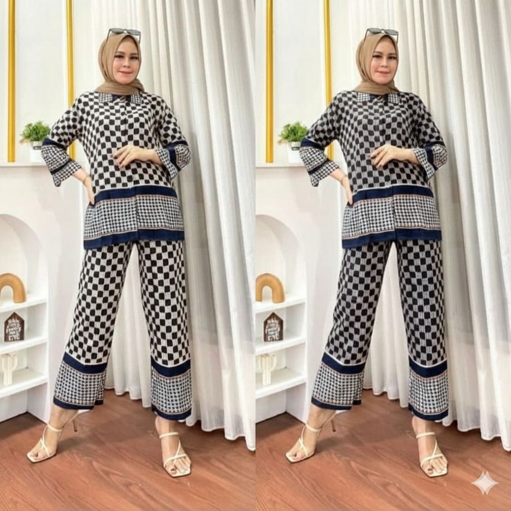 Setelan Wanita Motif Kotak Premium | Atasan Tunik & Celana Panjang Muslimah