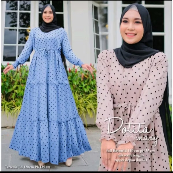 ( COD ) Longdress Gamis Jumbo Motif Polkadot Soft Sleting Depan Bussui Rempel Susun Lengan Karet