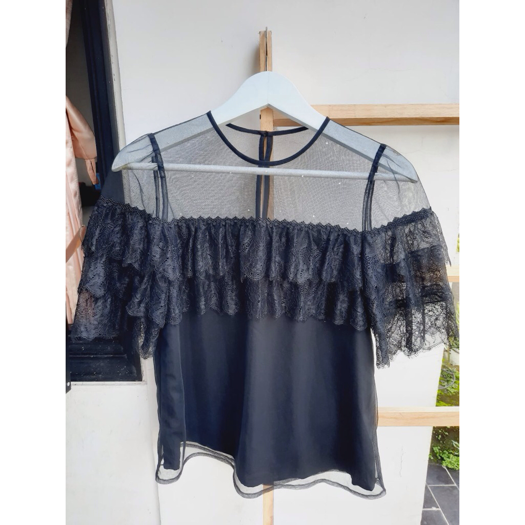 Baju Atasan Blouse Hitam Kombinasi Tile Brokat Transparan