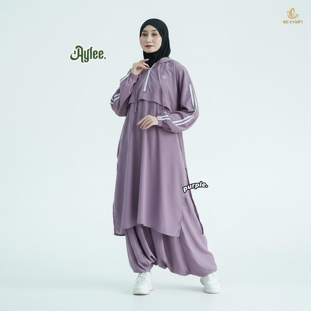BE.SYAR'I - Aylee Sporty Syari Set Purple Lilac | Baju Setelan Muslimah Padel Hoodie Premium Sporty