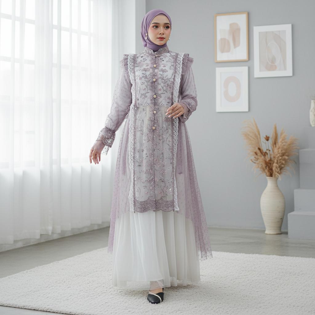 Atasan Tunik Wanita Brukat Kombi Tile Elegan Outer Tutu Selina Taupe Baju Kondangan Bridesmaid