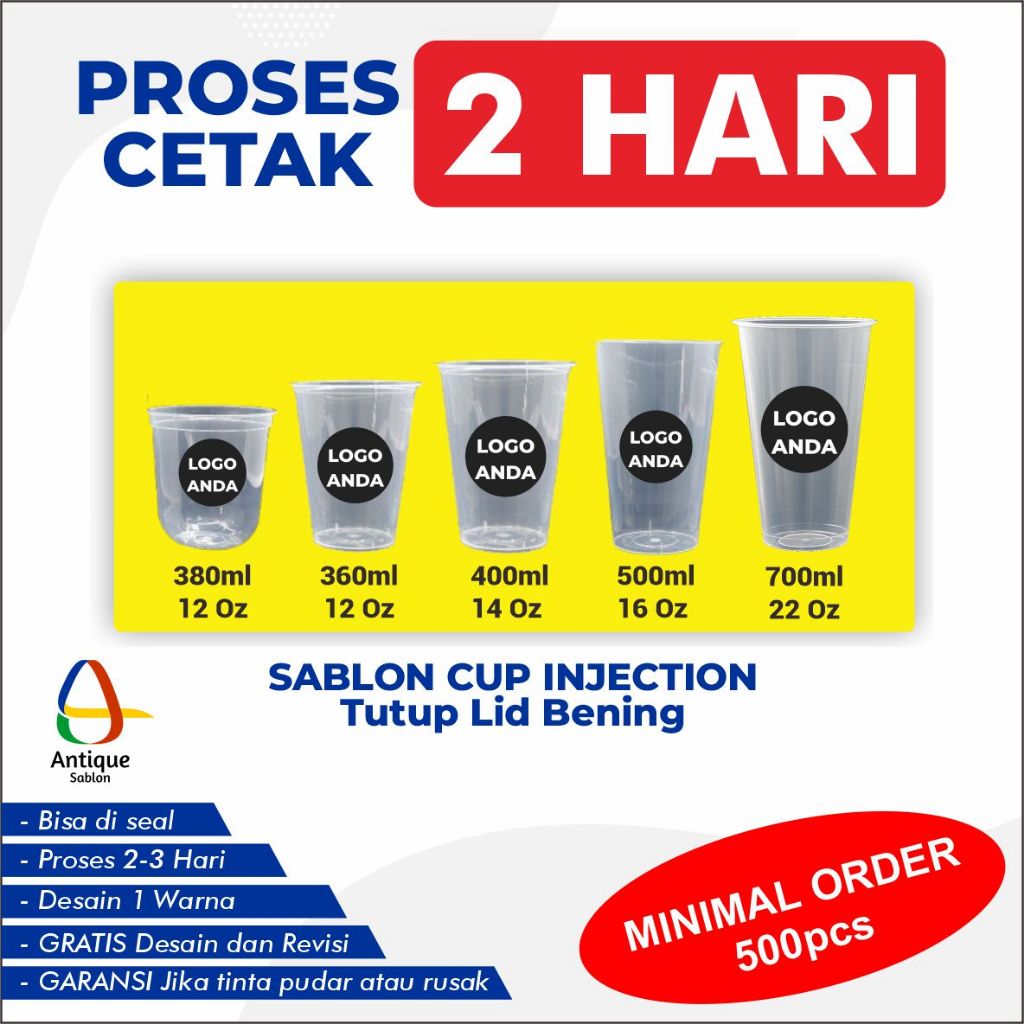 Sablon Cup Gelas Packaging Plastik INJECTION + Tutup Lid Bening Transparan Custom 12 Oz, 14 Oz, 16 O
