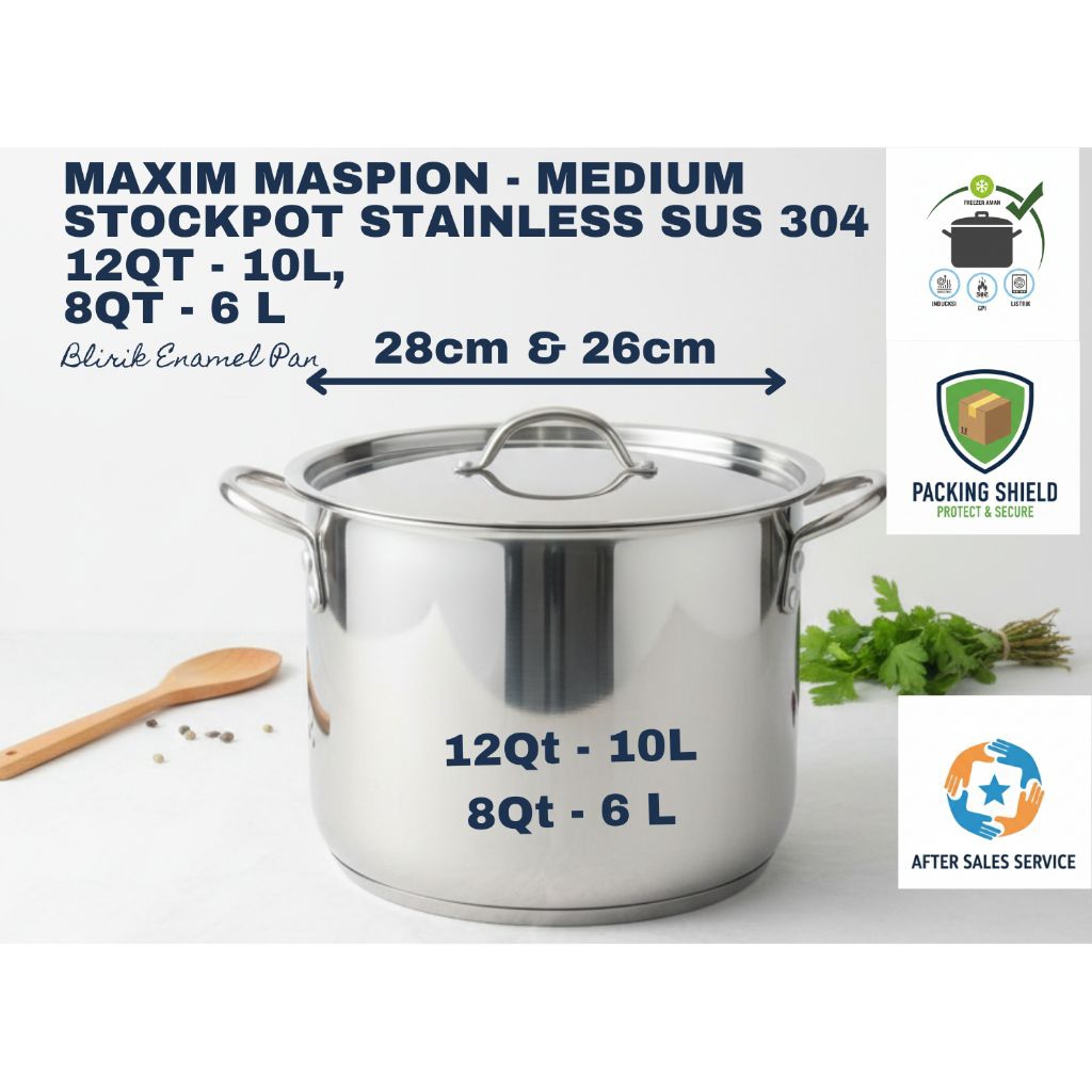 Maxim Maspion - Panci Stockpot Stainless Steel Sus 304 - Kapasitas Besar 12Qt -10L, 8Qt - 6 L, Anti 