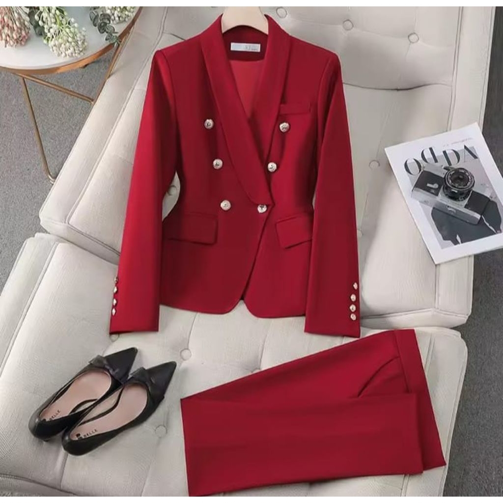 Setelan Blazer & Celana Kantor Wanita/Setelan Blazer Wanita Model Kancing 6 Gold Elegan/One Set Blaz
