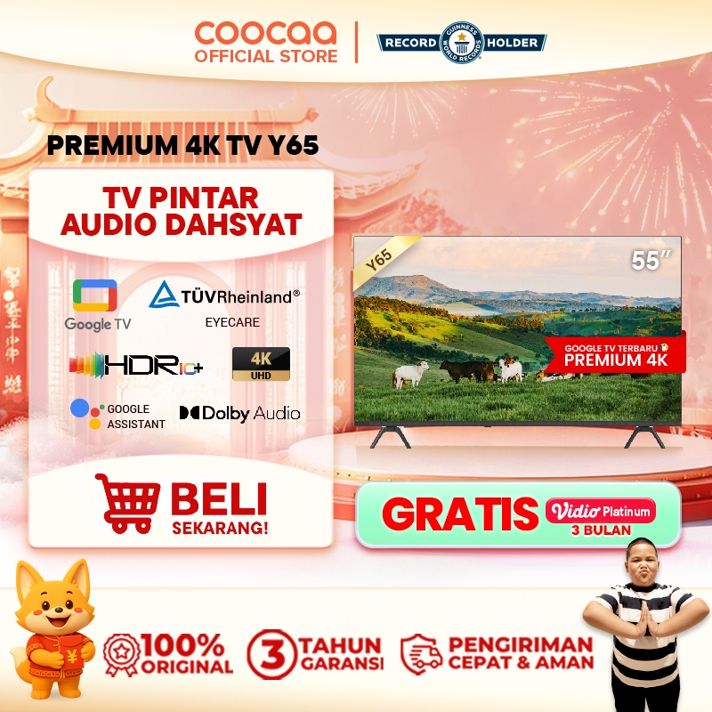 NEW COOCAA TV 55 inch Y65 - 4K GOOGLE TV  - Dolby Audio - Eye Care - HDR10 - Find Remote - (COOCAA 5
