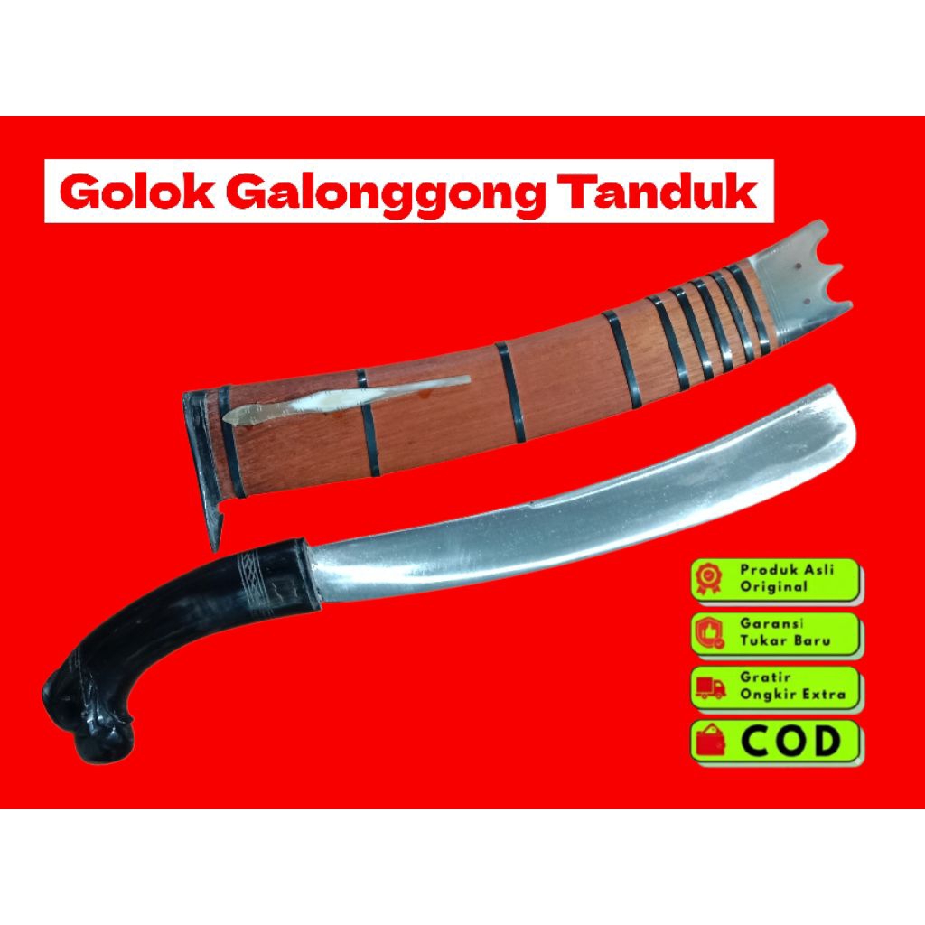 Golok Galonggong Tradisional BajaPer Asli 35cm - Gagang Tanduk & Sarung Kayu Kijulang Asli - Alat Ba