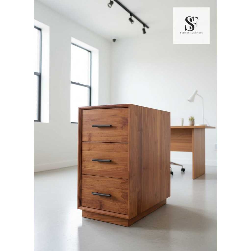 Kabinet Laci Kayu Jati Solid Minimalis 3 Laci | Laci Penyimpanan untuk Rumah & Kantor