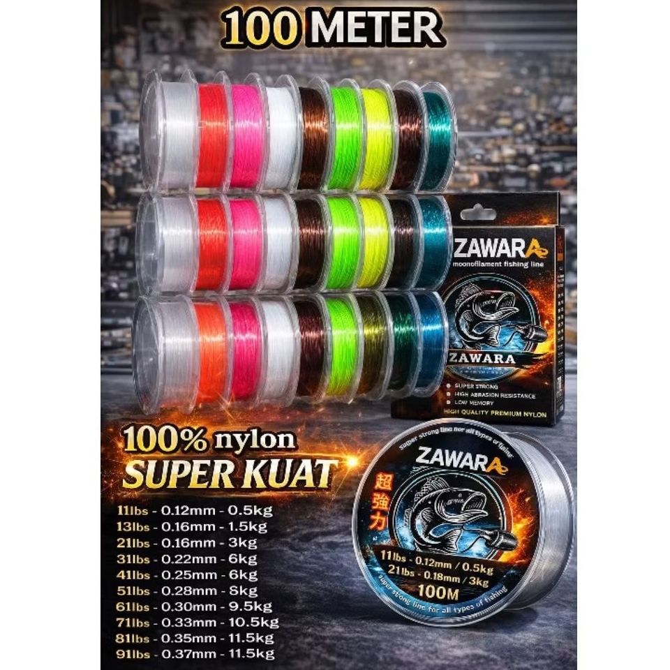 Senar Pancing Zawara 100 meter semua warna, senar pancing olahan anti keriting
