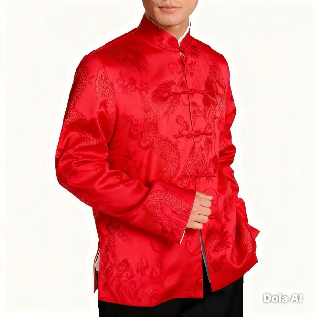 Promo Edisi Imlek Jas Cheongsam Pria Lengan Panjang Kemeja Formal Tradisional China Motif NAGA