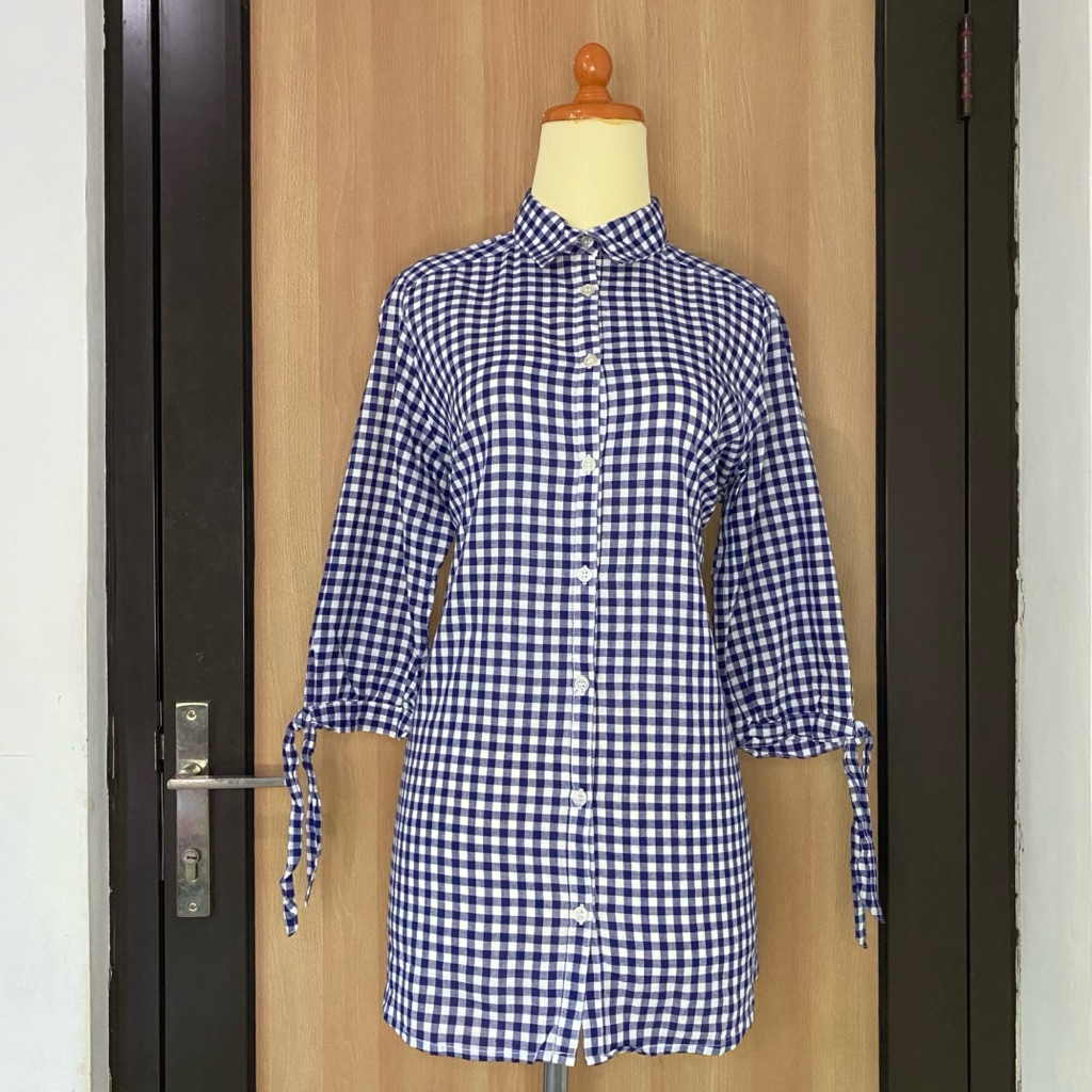 Blouse Kemeja Kotak Wanita Blue Navy