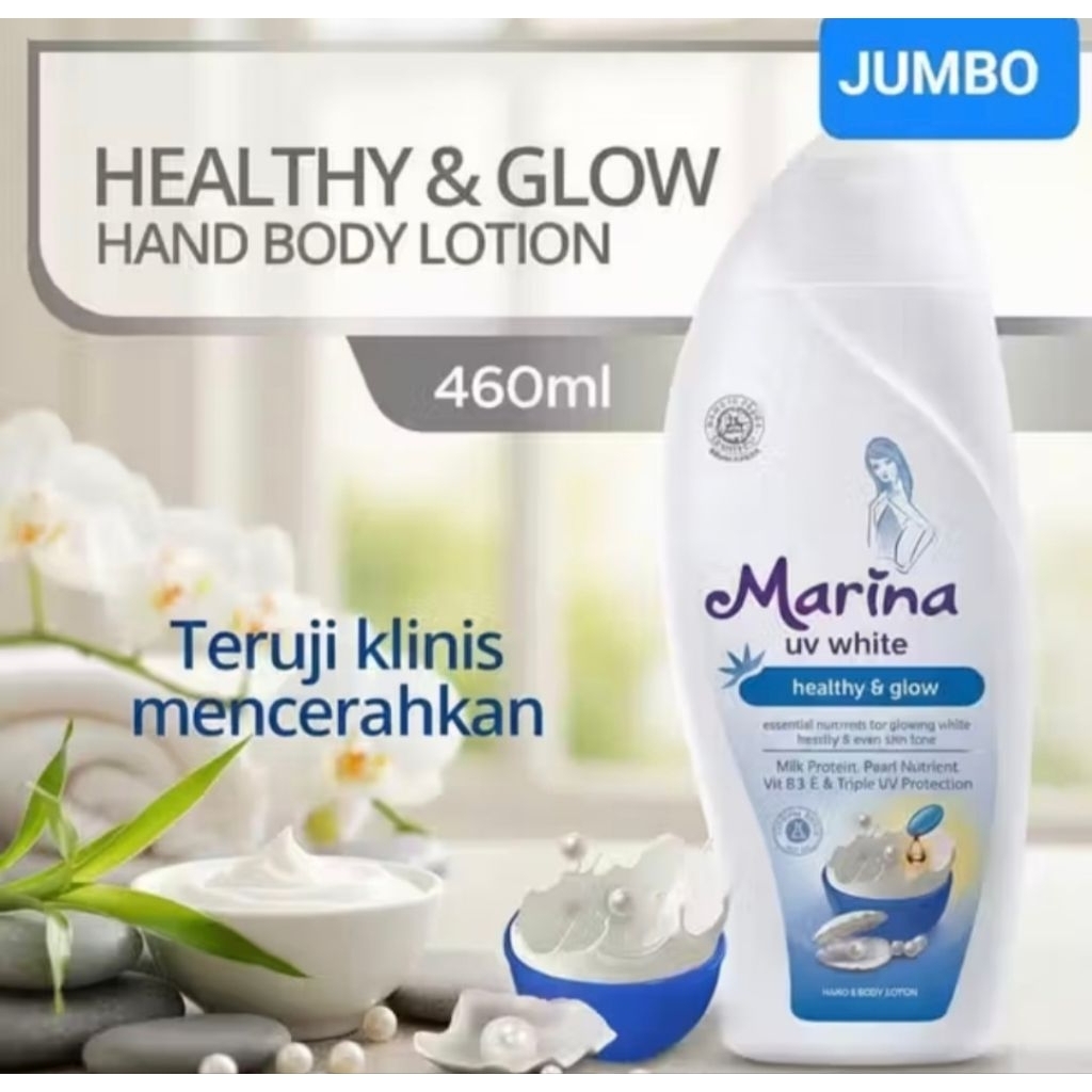 (UKURAN JUMBO "Marina UV White Healthy & Glow 460ml Handbody Lotion Marina - Marina Jumbo Biru.