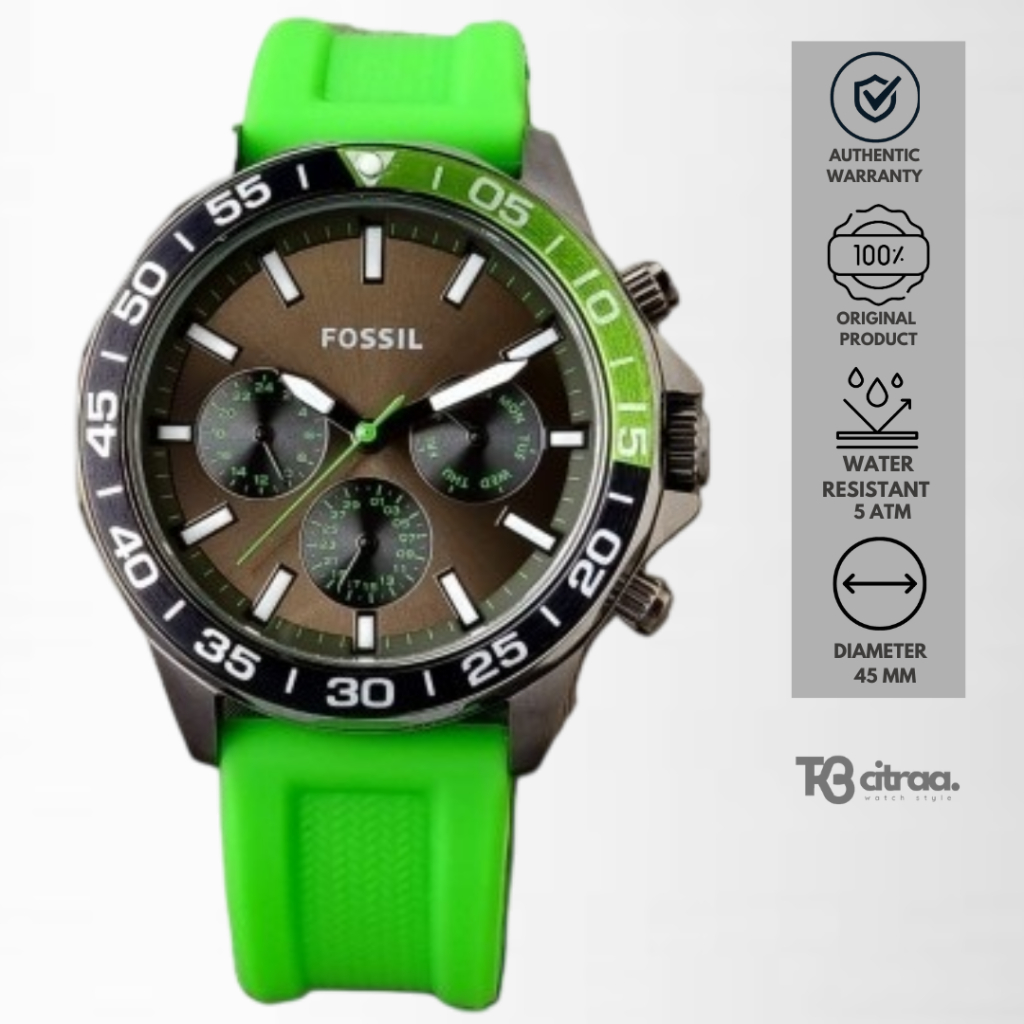 Jam Tangan Pria Fossil Bannon Multifunction Cronograph Green Rubber Silicone Sporty Casual Original 