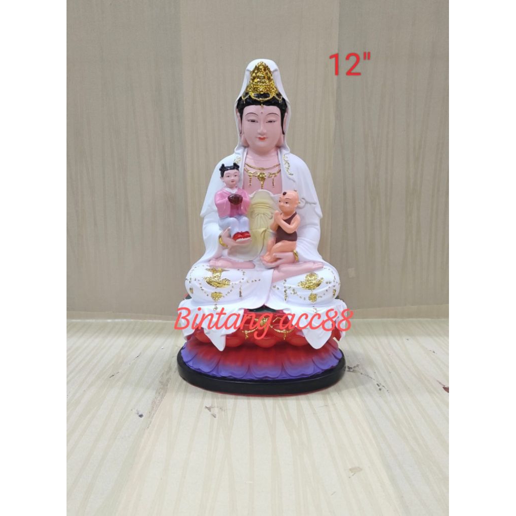 patung dewi kwan im / kwan in / guan yin - fiber - 2 anak - 12inch