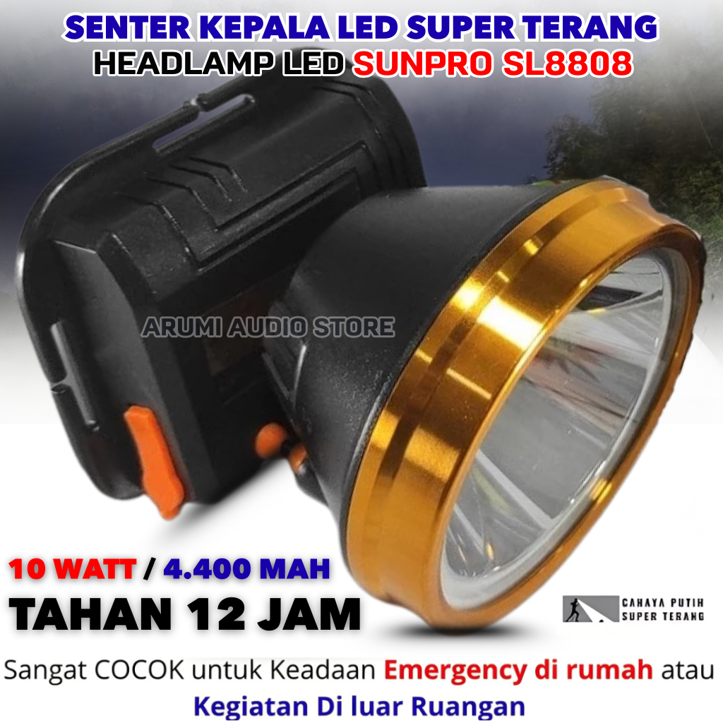 Senter Kepala LED Super Terang Sunpro SL8808 10 Watt Putih Tahan Lama 12 Jam Bonus Bola Lampu Jarak 