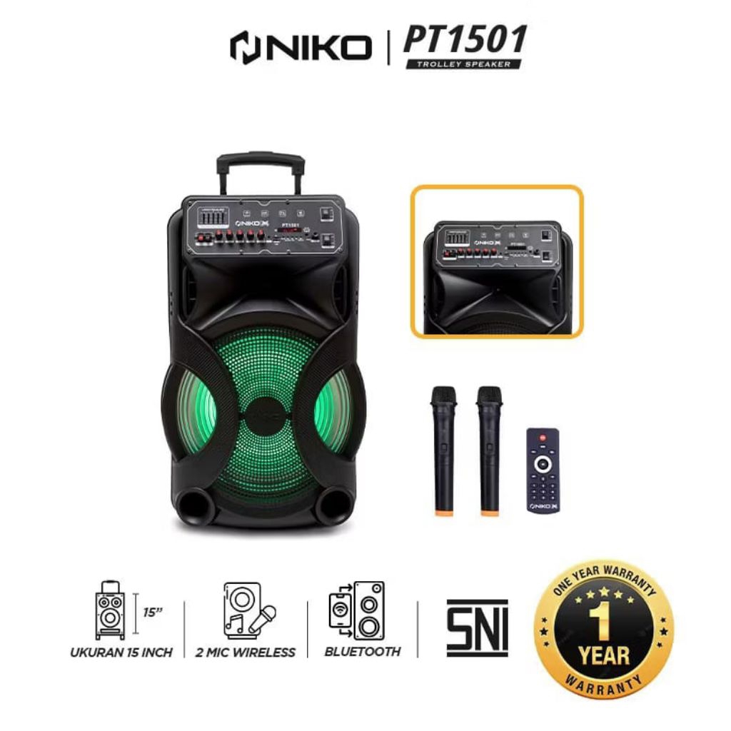 rolley Speaker NIKO PT1501  /  PT 1501 free 2mic wireless speaker bluetooth portabel [15 inchi]