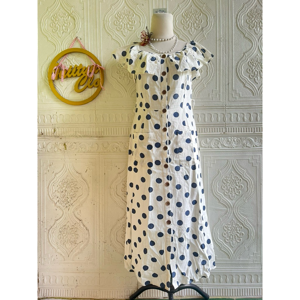 Dress polka linen lengan terbang korean dress double pocket