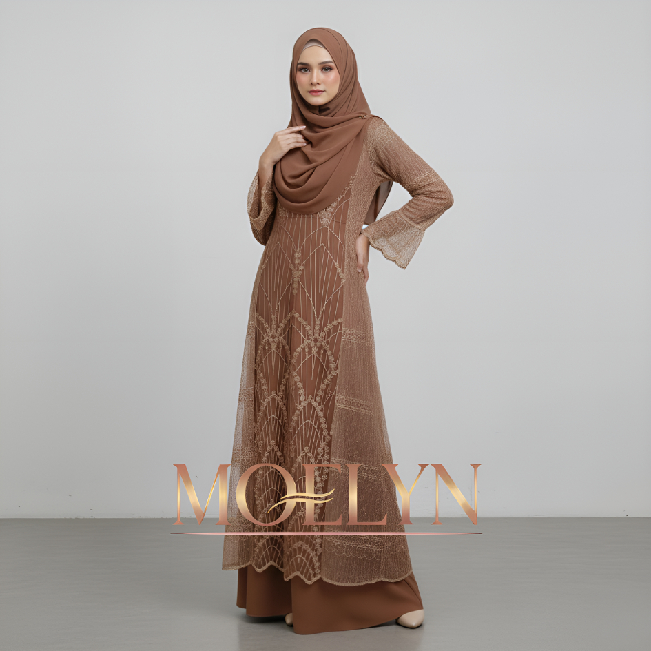 MOELYN - GAMIS LEBARAN Wanita ( ALLEA MOCCA ) Dress Mewah | Gaun Pesta Maxy Silk Brokat Payet Elegan