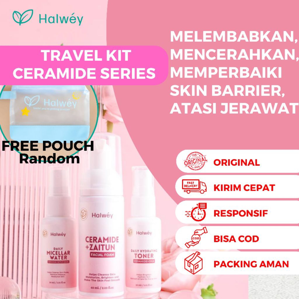 [FREE POUCH] Paket Skincare Pemula, Kulit Bruntusan, Break Out, Komedo, Kulit Kusam- HALWEY CERAMIDE