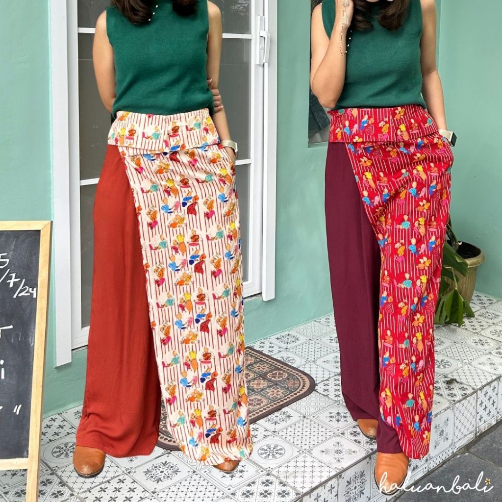Celana Panjang Wanita HaluanBali – Celana Sarung Loose Fit Motif Ilustrasi Perempuan, Katun Organik 
