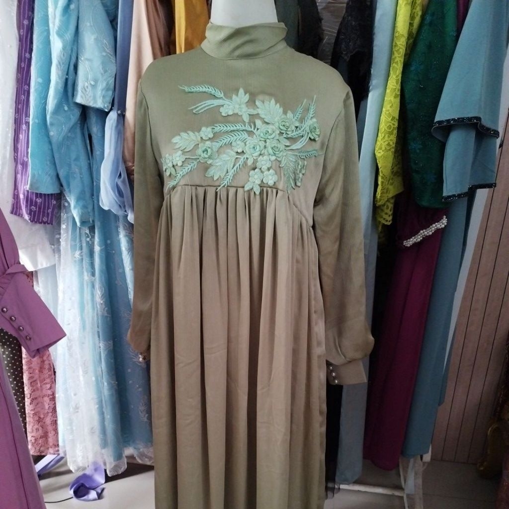 Gamis Bordir tempel premium warna sage hijau