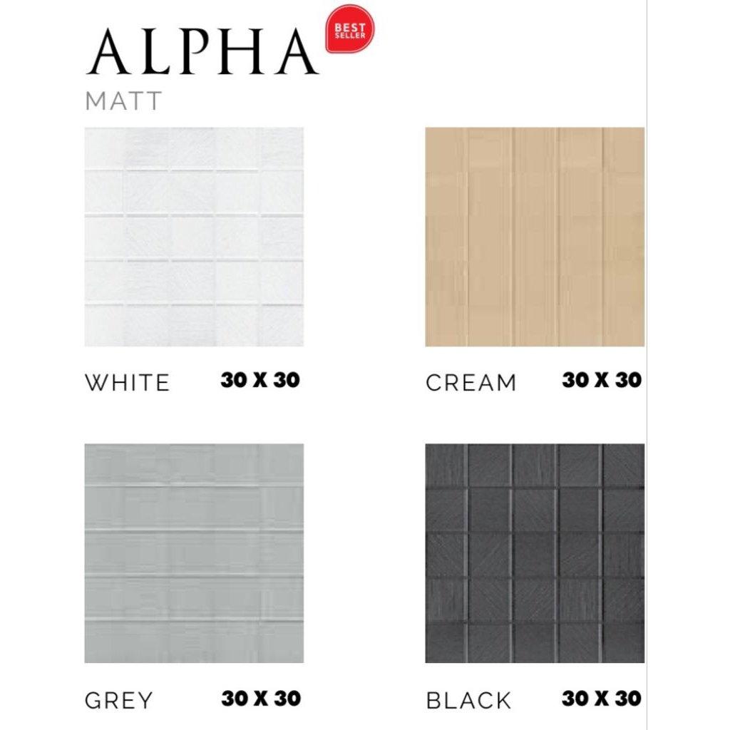 Keramik Merk Asia Tile Alpha White/Black/Cream/Grey ukuran 30x30 cm/25x25 cm tekstur Matt