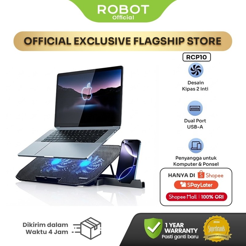 ROBOT Cooling Pad Laptop 10-16 inch Untuk Gaming Kipas 2 Inti Lengkap Dengan Slot HP Tipe Level Fan Speed With Phone Holder Silent Fan RCP10 Original - Garansi 1 Tahun